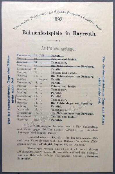 Bayreuth 1892 - Playbill with List of Performances - Tamino
