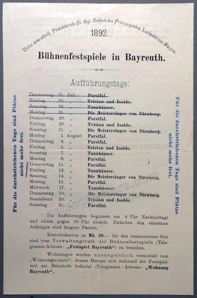 Bayreuth 1892 - Playbill with List of Performances
