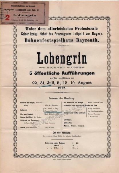 Bayreuth 1908 - Lohengrin Playbill + Ticket Stub!
