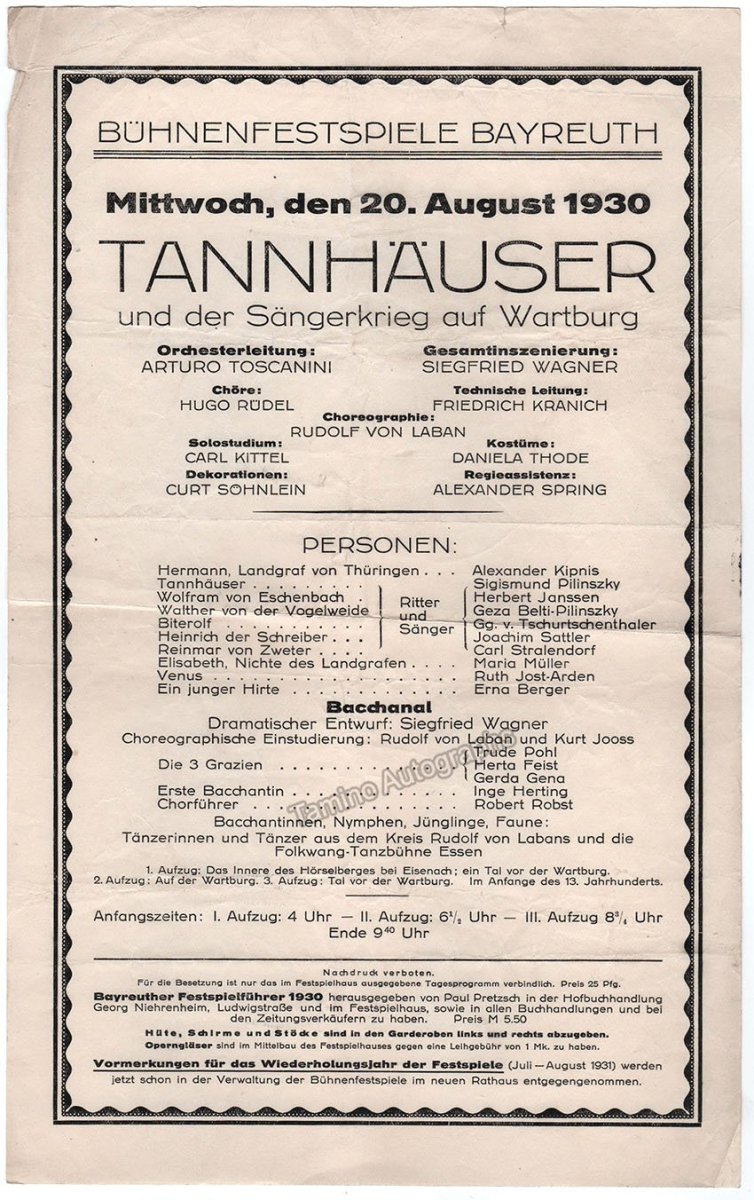 Bayreuth 1930 - Tannhauser Playbill - Arturo Toscanini - Tamino