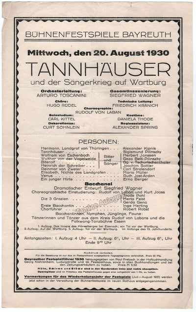 Bayreuth 1930 - Tannhauser Playbill - Arturo Toscanini