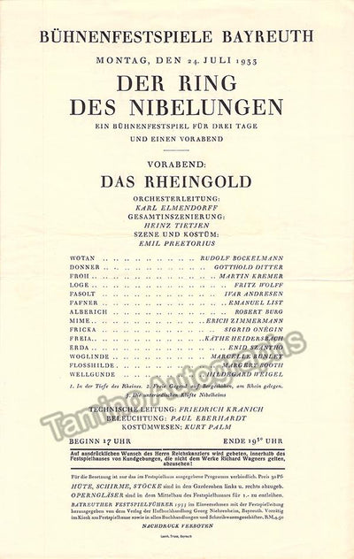 Bayreuth 1933 - Das Rheingold Program
