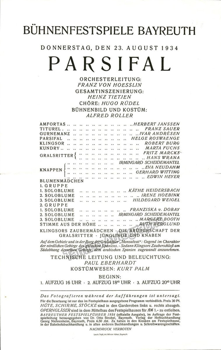 Bayreuth 1934 - Parsifal Program - Tamino