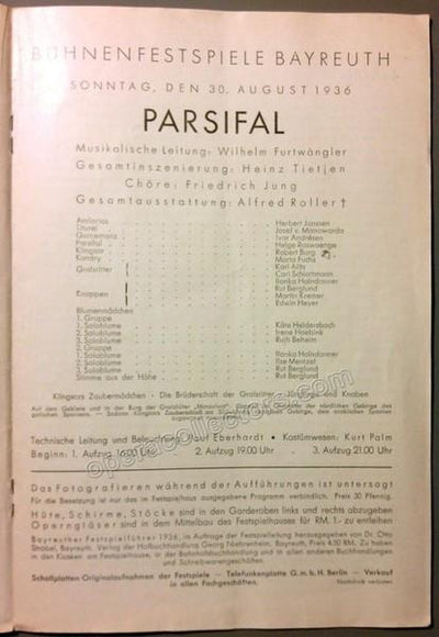 Bayreuth 1936 - Parsifal Program - Furtwangler conducting