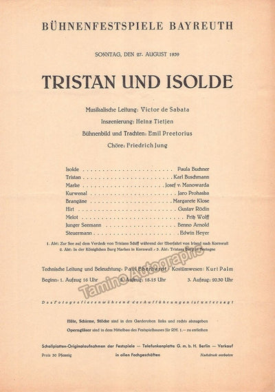 Bayreuth 1939 - Tristan und Isolde Playbill