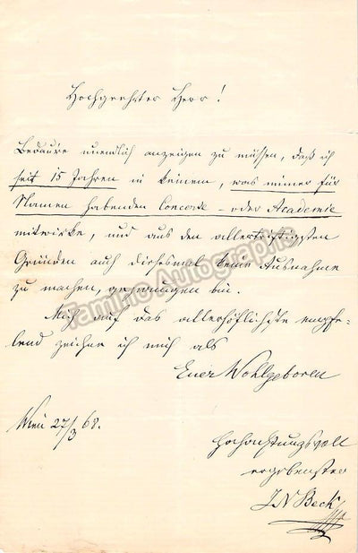 Beck, Johann Nepomuk - Autograph Letter Signed 1868