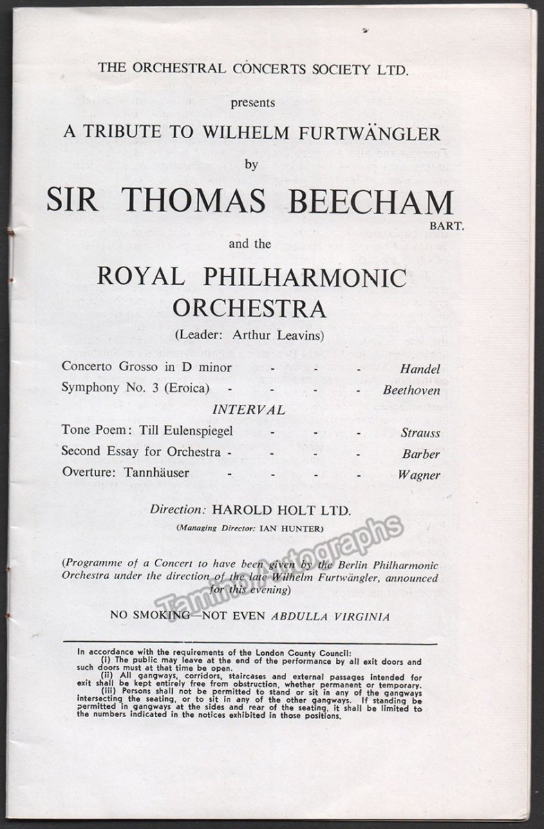 Beecham, Thomas - Concert Program London 1955 - Tribute to Furtwangler - Tamino