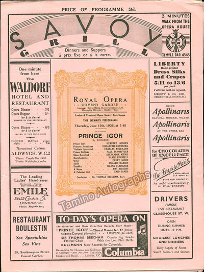 Beecham, Thomas - Prince Igor - Program Royal Opera House 1935