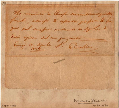 Bellini, Vincenzo - Autograph Note Signed 1834