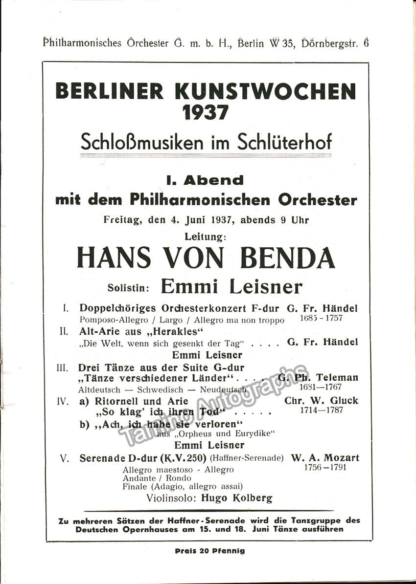 Benda, Hans von - Typed Letter Signed + Concert Program Berlin 1937 - Tamino
