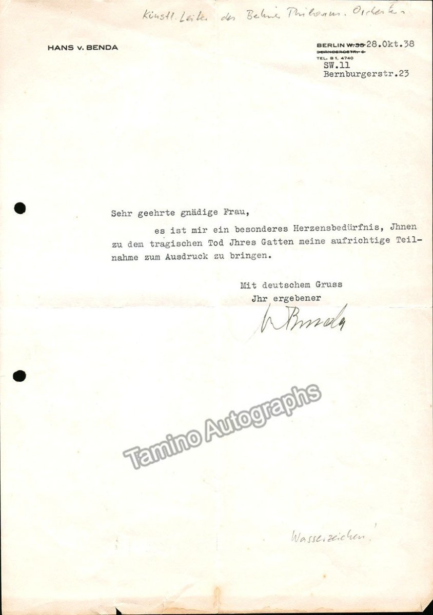 Benda, Hans von - Typed Letter Signed + Concert Program Berlin 1937 - Tamino