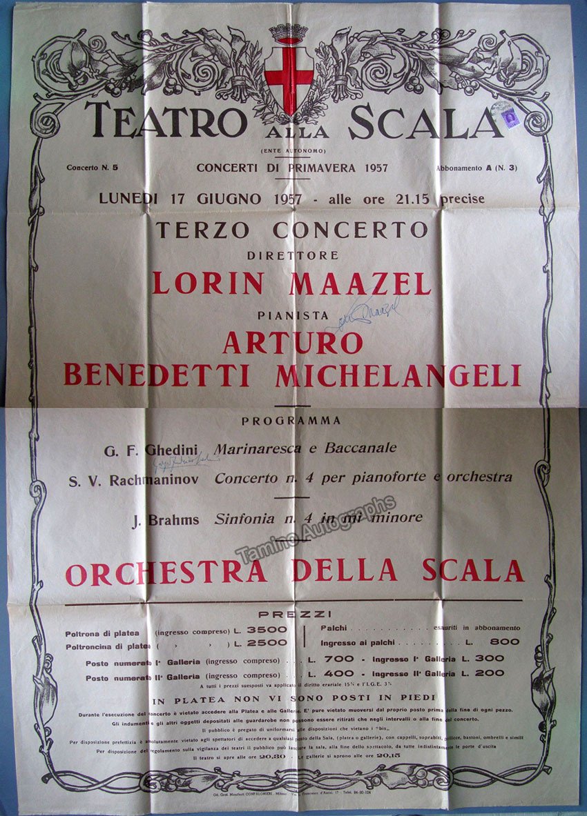 Benedetti Michelangeli, Arturo - Maazel, Lorin - Ghedini, Giorgio F. - Poster 1957 La Scala Signed - Tamino