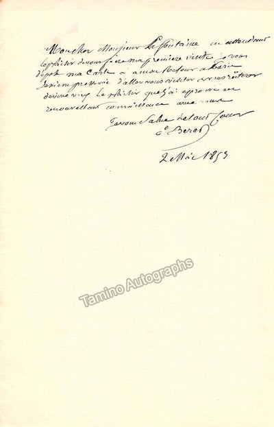 Berat, Frederic - Autograph Note Signed 1853