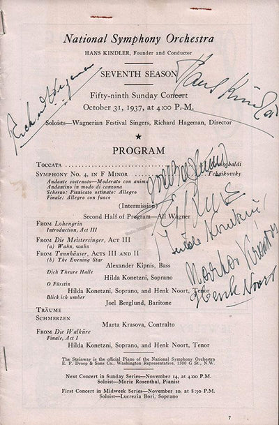 Berglund, Joel - Hageman, Richard - Kipnis, Alexander - Konetzni, Hilda - Krasova, Marta - Noort, Henk - Signed Concert Program 1937