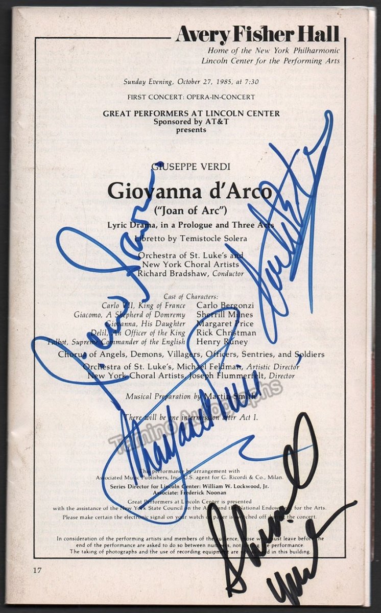 Bergonzi, Carlo - Price, Margaret - Milnes, Sherrill - Signed Program Avery Fisher Hall 1985