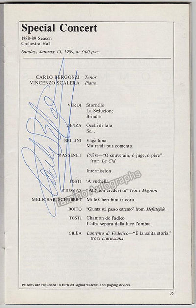 Bergonzi, Carlo - Signed Recital Program Chicago 1989