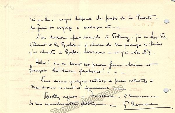 Bernac, Pierre - Autograph Letter Signed 1933 - Tamino