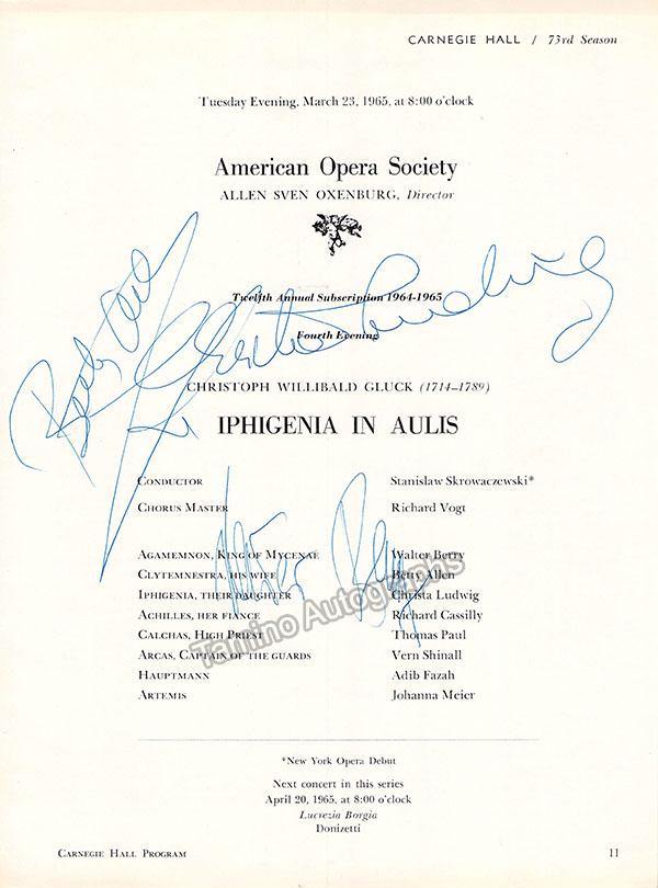 Berry, Walter - Ludwig, Christa - Allen, Betty - Signed Cast Page Carnegie Hall 1965