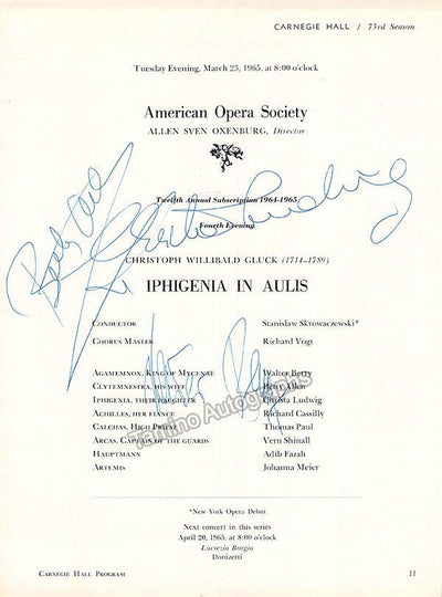 Berry, Walter - Ludwig, Christa - Allen, Betty - Signed Cast Page Carnegie Hall 1965