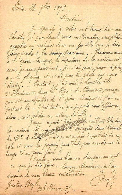 Beyle, Leon - Autograph Letter Signed + Photo as Werther