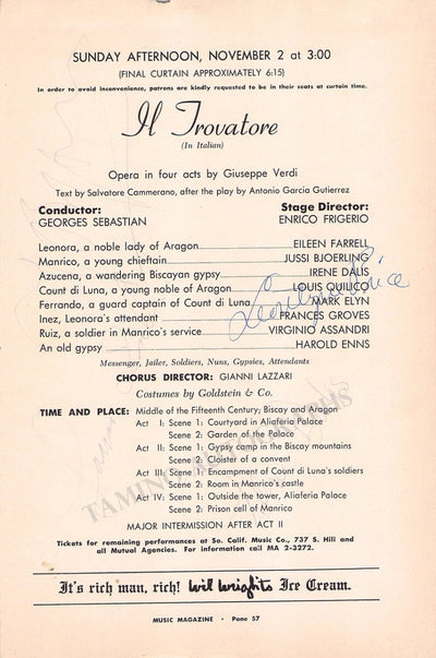 Bjorling, Jussi - Price, Leontyne - Dalis, Irene - Quilico, Louis - Signed Cast Page