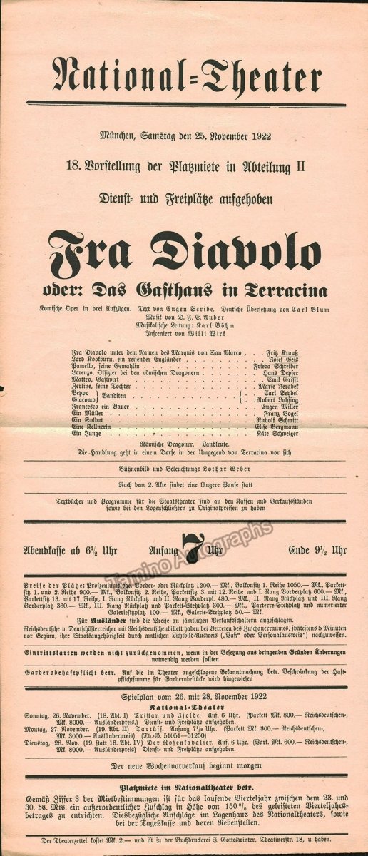 Bohm, Karl - Munich Playbill Fra Diavolo 1922