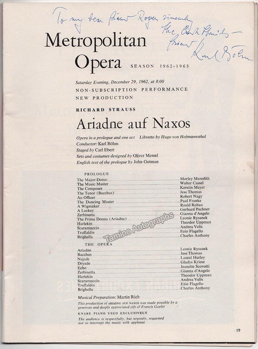 Bohm, Karl - Signed Program Ariadne auf Naxos 1962 - Tamino