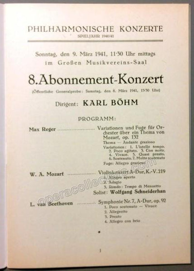 Bohm, Karl - Vienna Philharmonic Concert Program 1941