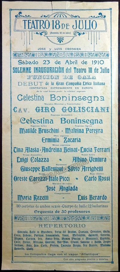 Boninsegna, Celestina - Teatro 18 Julio Playbill Montevideo 1910