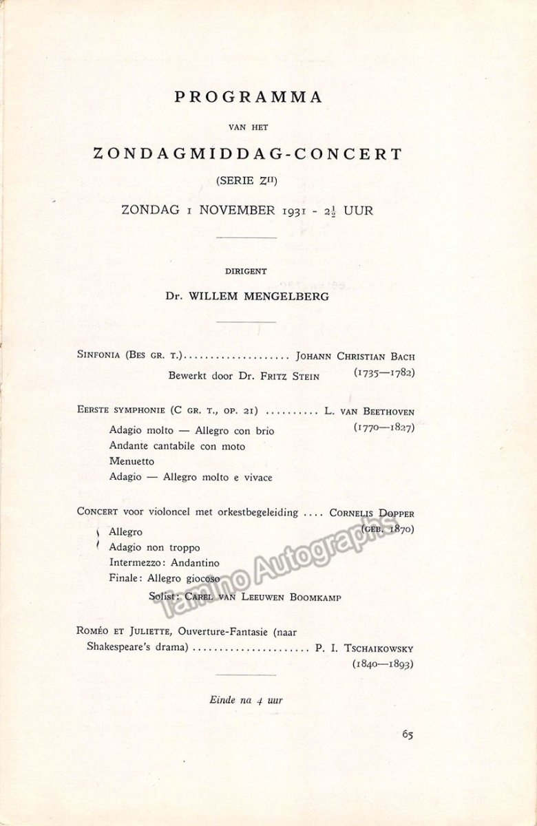 Boomkamp, Carel van Leeuwen - Mengelberg, Willem - Concert Program Amsterdam 1931 - Tamino