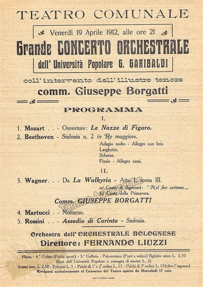 Borgatti, Giuseppe - Teatro Comunale Unsigned Playbill Recital 1912