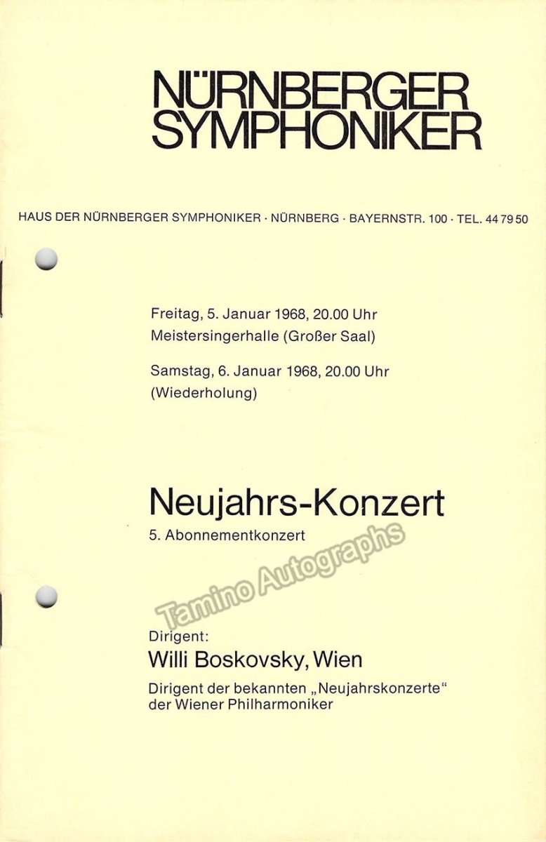 Boskovsky, Willy - Signed Program Page Nuremberg, Germany 1968 - Tamino
