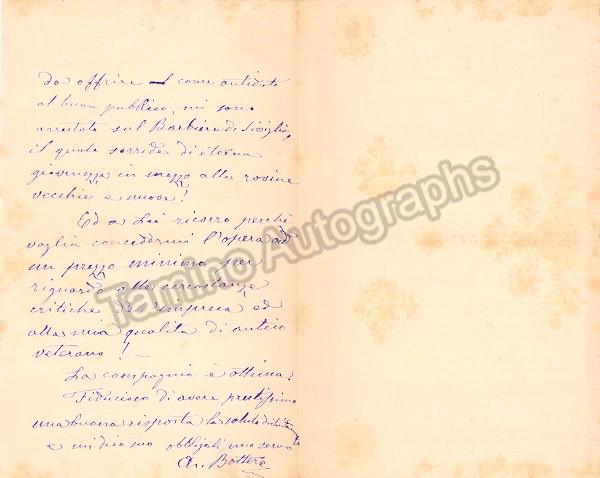 Bottero, Alessandro - Autograph Letter Signed 1887 - Tamino