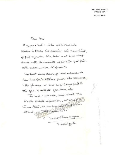 Boulanger, Nadia - Autograph Letter Signed 1960