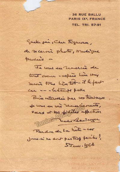 Boulanger, Nadia - Autograph Notes & Letter Signed c.1964