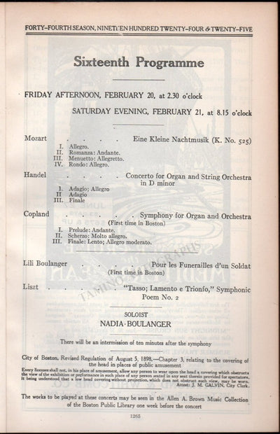 Boulanger, Nadia - Concert Program Boston Symphony 1925