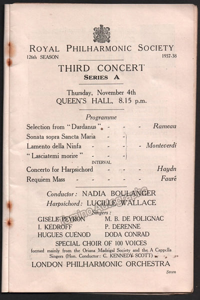 Boulanger, Nadia - Concert Program London 1937