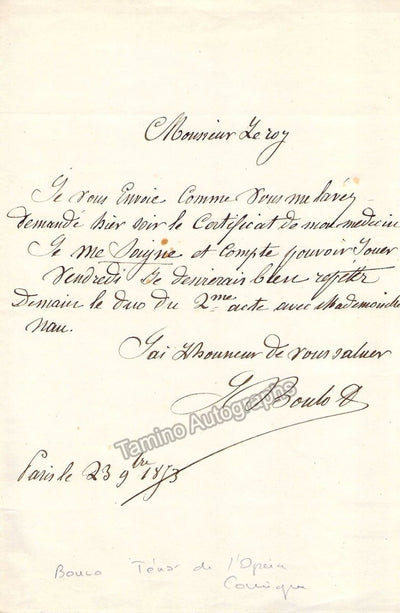 Boulo, Jean-Jacques - Autograph Note Signed 1853