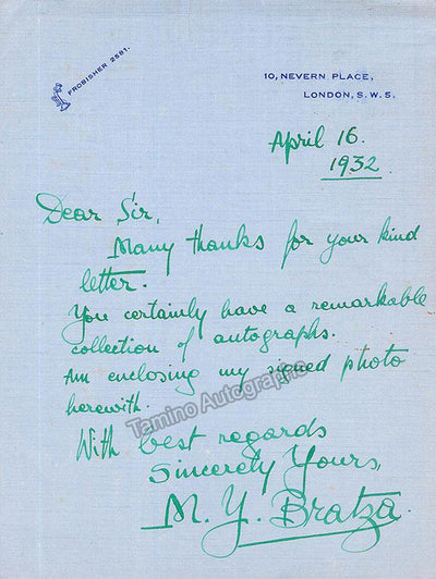 Bratza, Milan Yovanovitch - Autograph Note Signed 1932