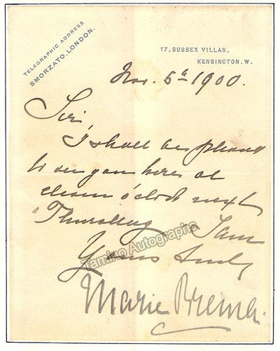 Brema, Marie - Autograph Note Signed 1900