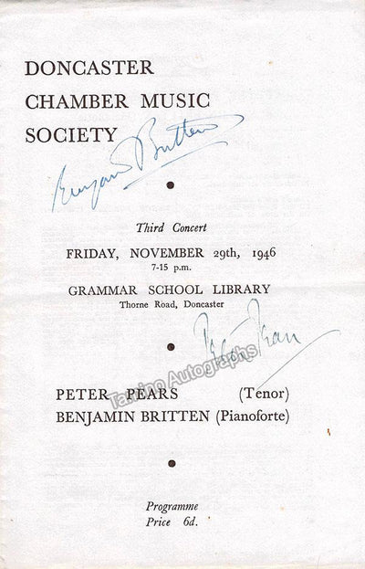 Britten, Benjamin - Pears, Peter - Signed Program Doncaster, England 1946