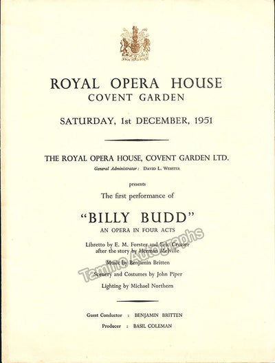 Britten, Benjamin - Program World Premiere of "Billy Budd" Conducted by Britten 1951