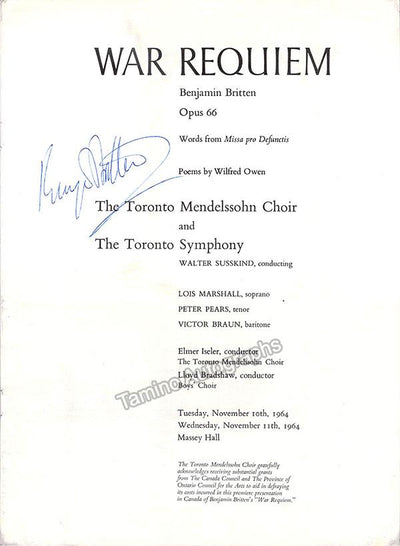 Britten, Benjamin - Signed Program Toronto 1964