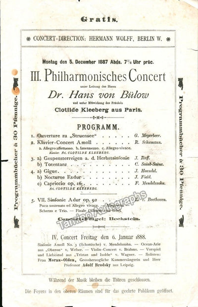 Bulow, Hans Von - Program Conducting Berlin Phil Orch 1887 - Kleeberg, Clotilde