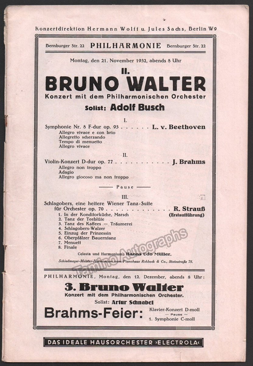 Busch, Adolf - Concert Program Berlin 1932 - Bruno Walter