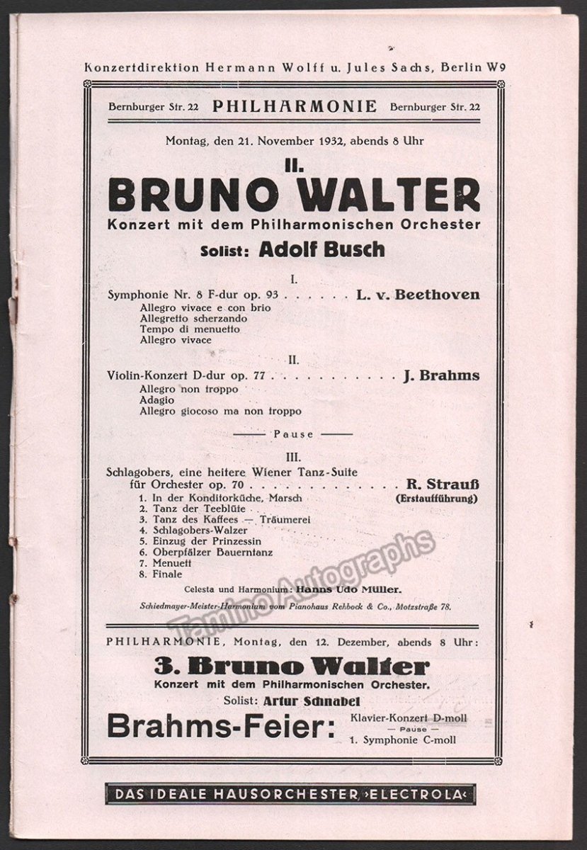 Busch, Adolf - Program Lot Berlin 1931-1932 - Bruno Walter