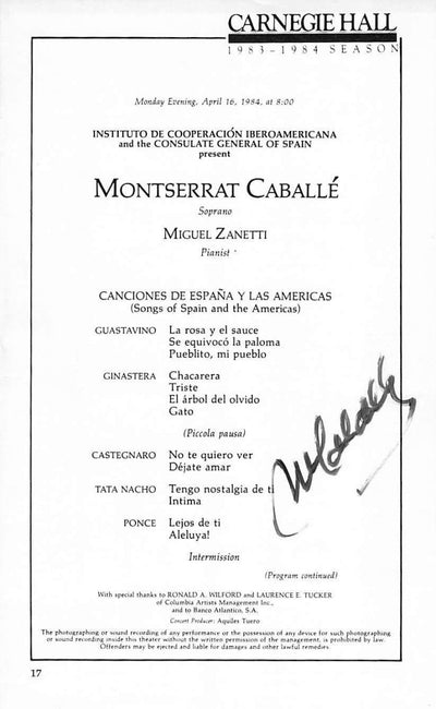 Caballe, Montserrat - Signed Page Carnegie Hall 1984