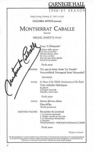 Caballe, Montserrat - Signed Page Recital Carnegie Hall 1987