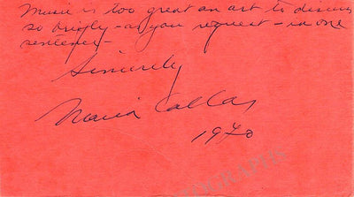 Callas, Maria - Autograph Text Quote Signed 1970 + Signed Envelope