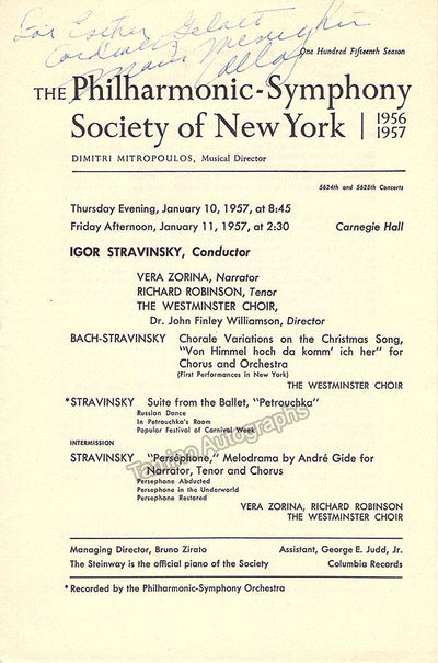 Callas, Maria - Signed Program - 1957 Igor Stravinsky concert